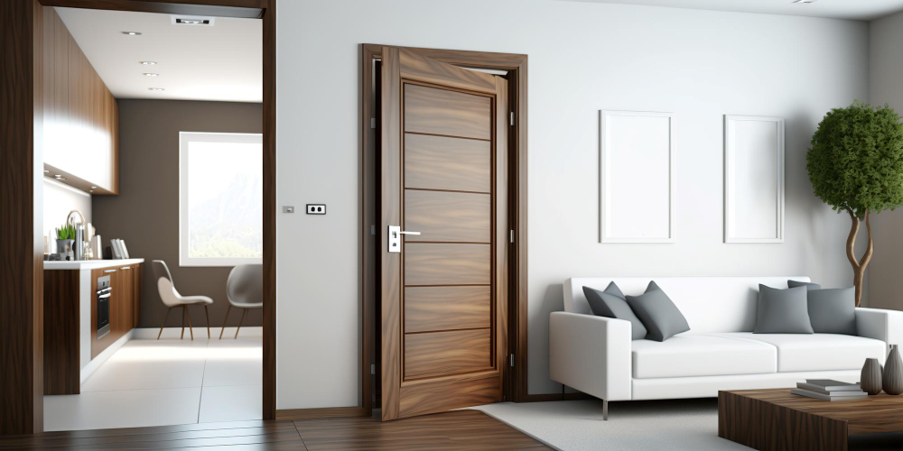 Porta pivotante moderna em projeto residencial.